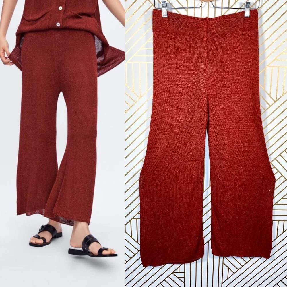 Zara Knit Culottes in Red Rust Wide Leg High Waist